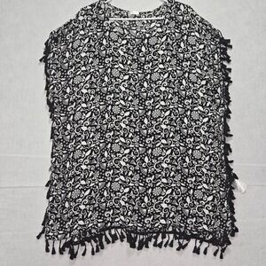 L#11 Mountain Mama Extra Flirty Kimono Cover Up Black White Boho Tassel Print